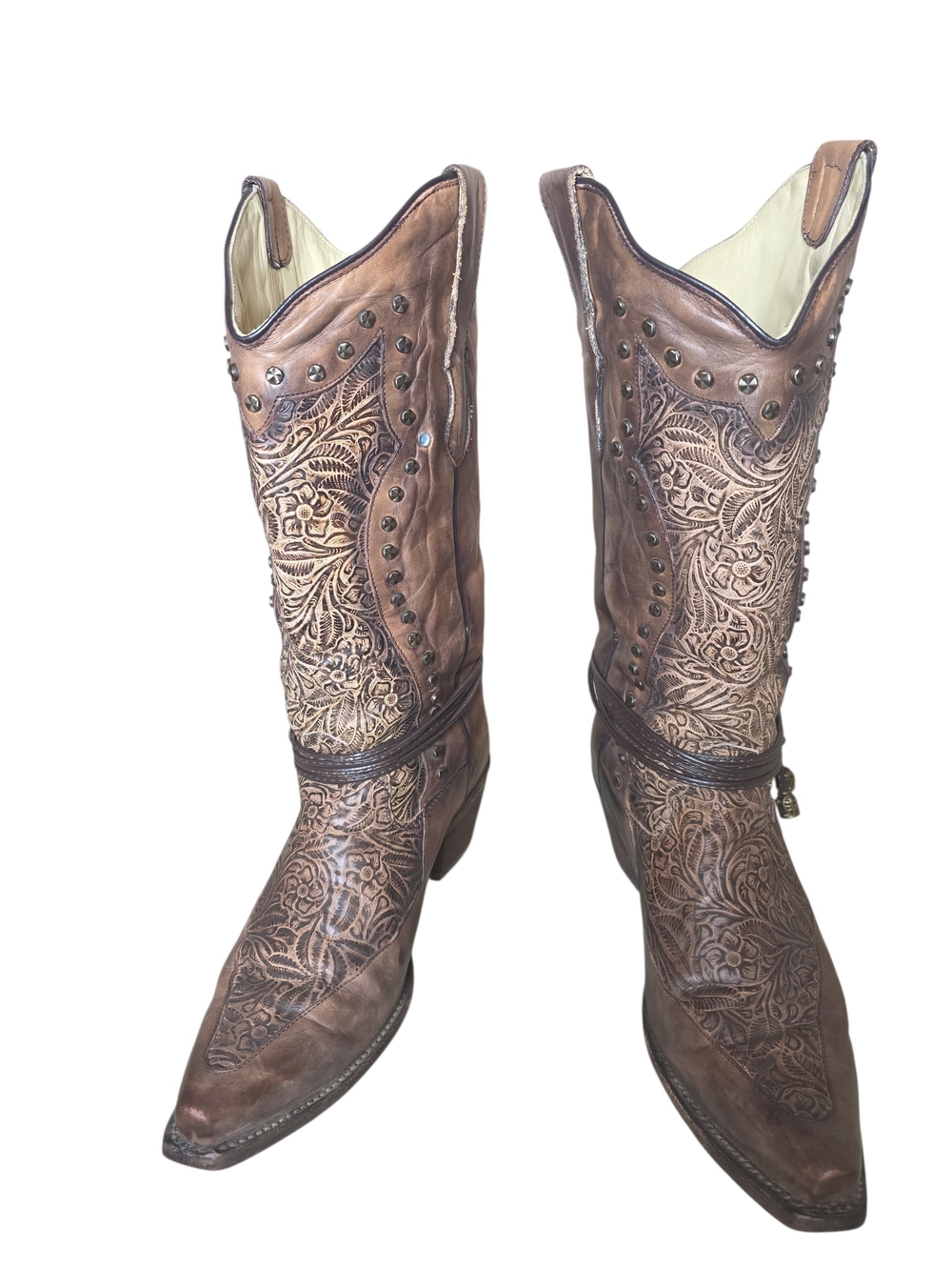 Corral Hand Tooled Floral Studded Leather Cowboy Boots Brown Snip Toe Women's 9M